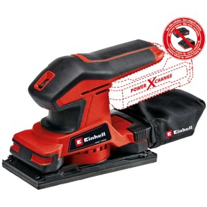 Ponceuse vibrante sans fil Einhell TC-OS 18/187 Li (sans batterie). Ponceuse rouge avec sac à poussière.