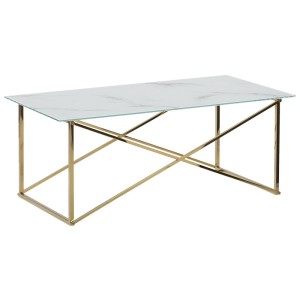 Table basse Beliani Emporia avec effet marbre, verre de sécurité et cadre en acier inoxydable doré.