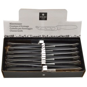 Coltelli da formaggio Heidi Cheese Line Economy, acciaio inox con manico nero, in display.