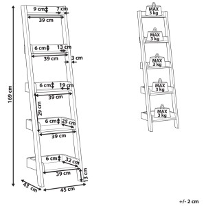 Diagramme technique de l'étagère échelle Beliani Mobile Duo. Montre les dimensions (169 cm haut) et 5 étagères, chacune avec 3 kg de charge.
