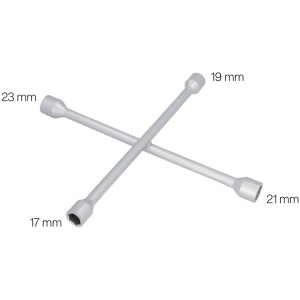 Chiave a croce Cartrend con 4 misure (17, 19, 21, 23 mm) in acciaio per bulloni ruota.