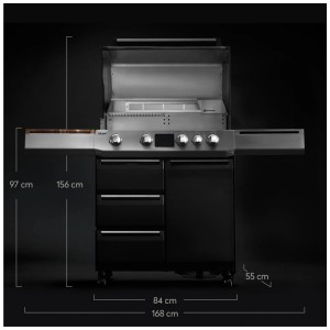 Burnhard Gasgrill Grant Upgrade, modularer 4-Brenner Grill mit Abmessungsangaben.