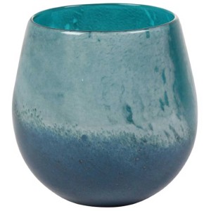 Vase décoratif Rifka aqua, forme arrondie, 16 cm de haut, en verre.