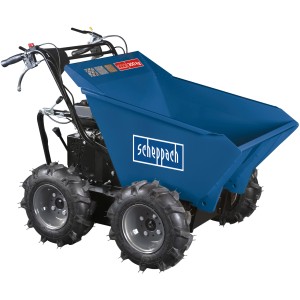 Scheppach Dumper DP3000: Carriola blu con trazione integrale e cassone ribaltabile per macchine edili.