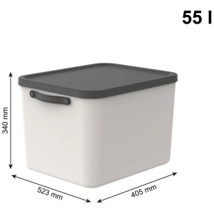 Rotho Mythen Aufbewahrungsbox 55 l in Warm Beige aus Kunststoff mit dunkelgrauem Deckel und Griff. Maße: 523x405x340 mm.