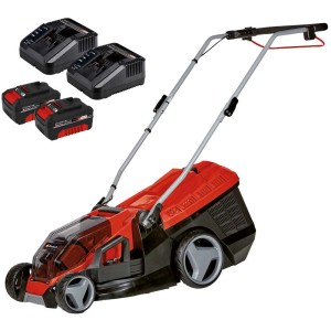 Tondeuse à batterie Einhell GE-CM 36/36 Li avec deux batteries et chargeurs.