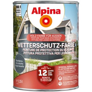 Alpina Wetterschutzfarbe deckend Basaltgrau, 2,5 l Dose. Holzfarbe für Aussen.