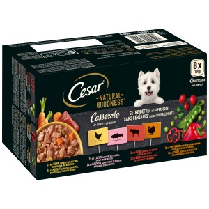 Cesar Natural Goodness Casserole, nourriture humide sans céréales pour chien en pack de 8 x 100g au poulet, saumon, bœuf et dinde.