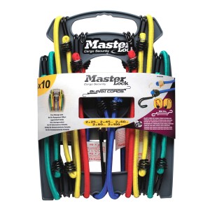 Lot de sandows Master Lock, 10 sandows colorés à double fil avec crochets dans un support.