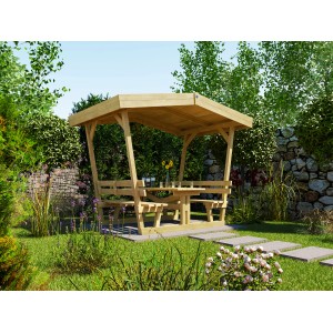 Gazebo da giardino Weka Tessin in legno naturale con tavolo e panche in giardino.