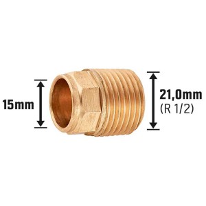 Raccordo a saldare in bronzo rosso, 15 mm x 21 mm (R 1/2), per tubi in rame.