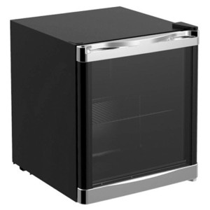 Mini-réfrigérateur Kibernetik 48L noir avec porte vitrée et poignée argentée. Idéal pour boissons et vin.
