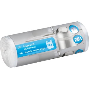 Rouleau de sacs poubelles 25L avec poignées, 25 pièces, en plastique transparent.