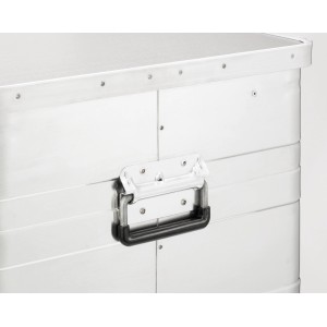 LUX Boîte en aluminium 47 l, vue détaillée avec poignée. Boîte à outils pour stockage et transport.