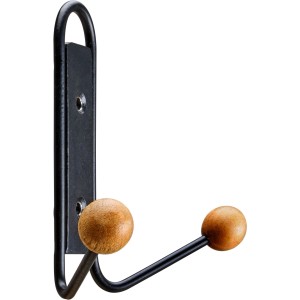 Hettich Doppelhaken Typ 84 aus schwarzem Metall mit zwei runden Holzknöpfen. Robuster Wandhaken für Garderobenleisten.