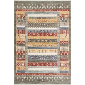 Tappeto Luxor Living Rocco, multicolore con motivo etnico a strisce in verde, rosso, oro, beige. Pelo corto in poliestere.