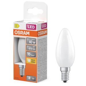 Osram LED-Leuchtmittel Classic B40, E14, 2700K, 3,4W, weiße Kerzenform mit matter Glasoberfläche.