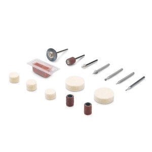 Set accessori Dremel per utensili multifunzione: feltri lucidanti, nastri abrasivi, frese per incisione, spazzola, pasta.