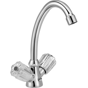 Miscelatore lavabo a due maniglie Ledro cromato con maniglie in acrilico trasparente.