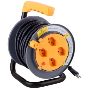 Enrouleur de câble orange et noir avec 4 prises T13 et câble de 15 m pour usage intérieur.