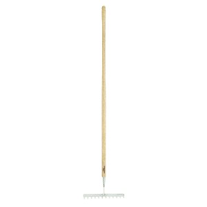 Rateau en acier inoxydable avec manche en bois pour le jardinage.
