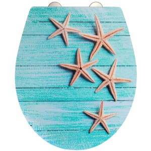 Wenko Abattant WC Mediaster avec motif étoile de mer sur bois turquoise, fonction Easy-Close.