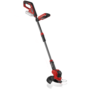 Coupe-bordures sans fil Einhell GE-CT 18/25 Li-Solo, rouge/noir, avec tête de moteur rotative et manche télescopique.