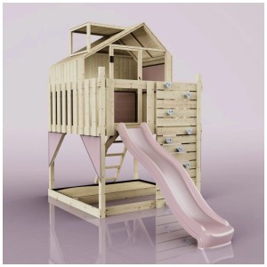 Cabane sur pilotis OutdoorToys Meteorit en bois avec toboggan rose et mur d'escalade.