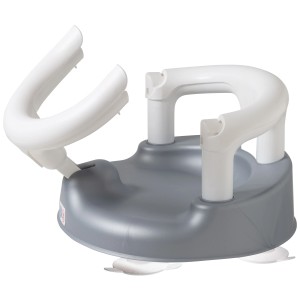 Siège de bain bébé Rotho anthracite et blanc avec anneau rabattable et ventouses pour une fixation sûre.