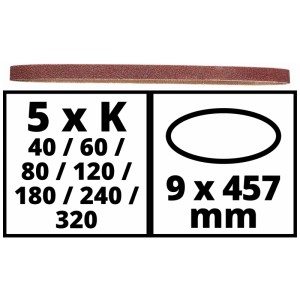 Set de bandes abrasives Einhell, 35 pièces, pour lime à bande TE-BF 18 Li, grains 40-320, 9x457mm, pour bois et métal.