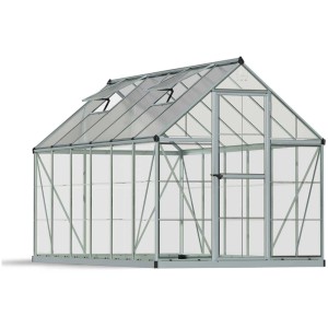 Serre Hybrid argentée avec fenêtres de toit, porte battante et cadre en aluminium.