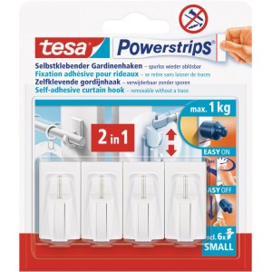 tesa Powerstrips ganci per tende, confezione da 4, autoadesivi e bianchi per bastoni per tende.