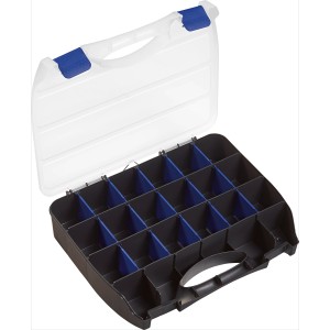 Boîte de rangement LUX 32 cm ouverte avec couvercle transparent et compartiments flexibles.