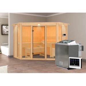 Sauna Karibu Anea 2 con stufa bio e corona LED sul tetto, legno naturale. Sauna in legno massello con stufa e controllo.