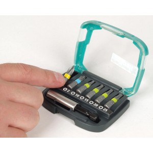 Wolfcraft Bit-Box con inserti per viti a croce e TX, set da 7 pezzi, con portainserti.