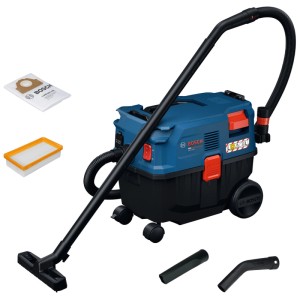 Aspirateur Bosch Professional GAS 12-25 LS bleu/noir avec tuyau, buse de sol, suceur plat et filtres. Pour chantier.