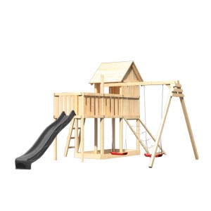 Karibu Spielhaus Frieda mit Rutsche, Doppelschaukel, Plattform und Rampe aus Holz.