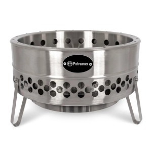 Brasero Petromax Tyropit en acier inoxydable, argenté, avec bouclier thermique et pieds.