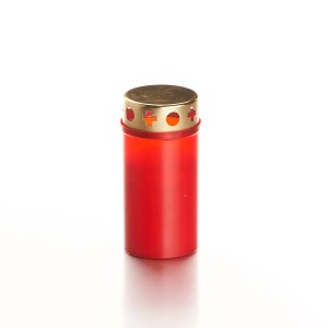 Bougie funéraire rouge Balthasar avec couvercle doré pour une tombe élégante.