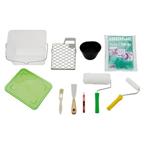 Kit de rénovation LUX, 10 pièces : Seau, rouleaux de peinture, pinceau, spatule, bâche de protection pour travaux de rénovation.