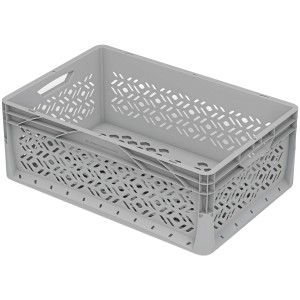 Graue Eurobox-System Box 60x40x22 cm, durchbrochene Wände, Teil des modularen Aufbewahrungssystems.