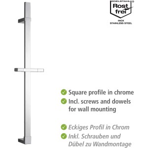 Wenko Barre de douche Design chromée, 68 cm, en acier inoxydable avec profilé carré et support de douche réglable.