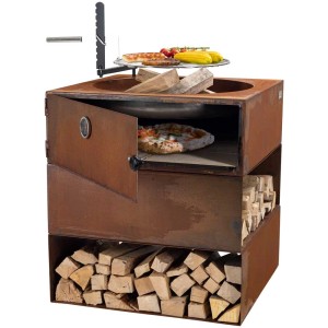 Barbecue mit Pizzafläche Pizza Passione, Holzkohlegrill aus Cortenstahl mit Holzfächern und Grillrost.