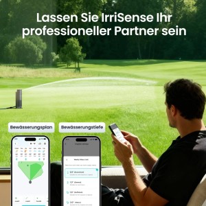 Sistema di irrigazione Aiper Irrisense 2 con controllo app e irrigatore da giardino in uso.
