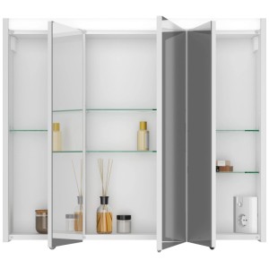 Armoire de toilette Jokey Sarto III avec 3 portes miroir, étagères en verre, prise et interrupteur.