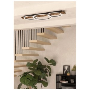 Moderna plafoniera a LED Boyal con 3 anelli in acciaio, legno e nero-marrone.