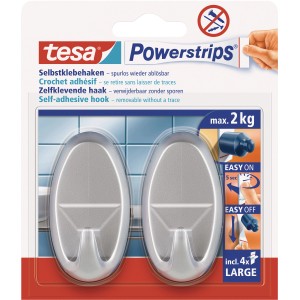 Tesa crochets adhésifs, lot de 2, chromés mats ovales, avec Powerstrips, supporte jusqu'à 2 kg.
