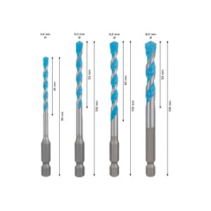 Set di punte da trapano Bosch Expert Hex-9 Multi Construction, 4 pezzi, con diverse dimensioni.