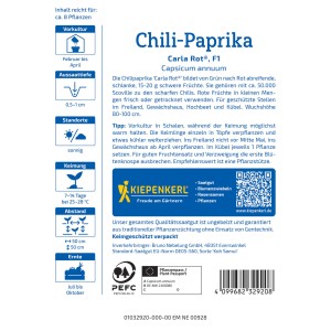 Kiepenkerl Chili-Paprika Carla Rot F1-Hybrid, graines de légumes pour piment rouge fort.