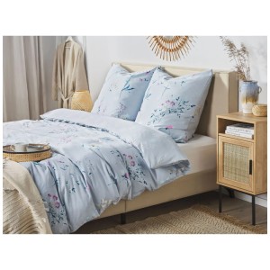 Set biancheria da letto Beliani Evergreen azzurro con motivo floreale in raso di cotone, 155x220 cm.